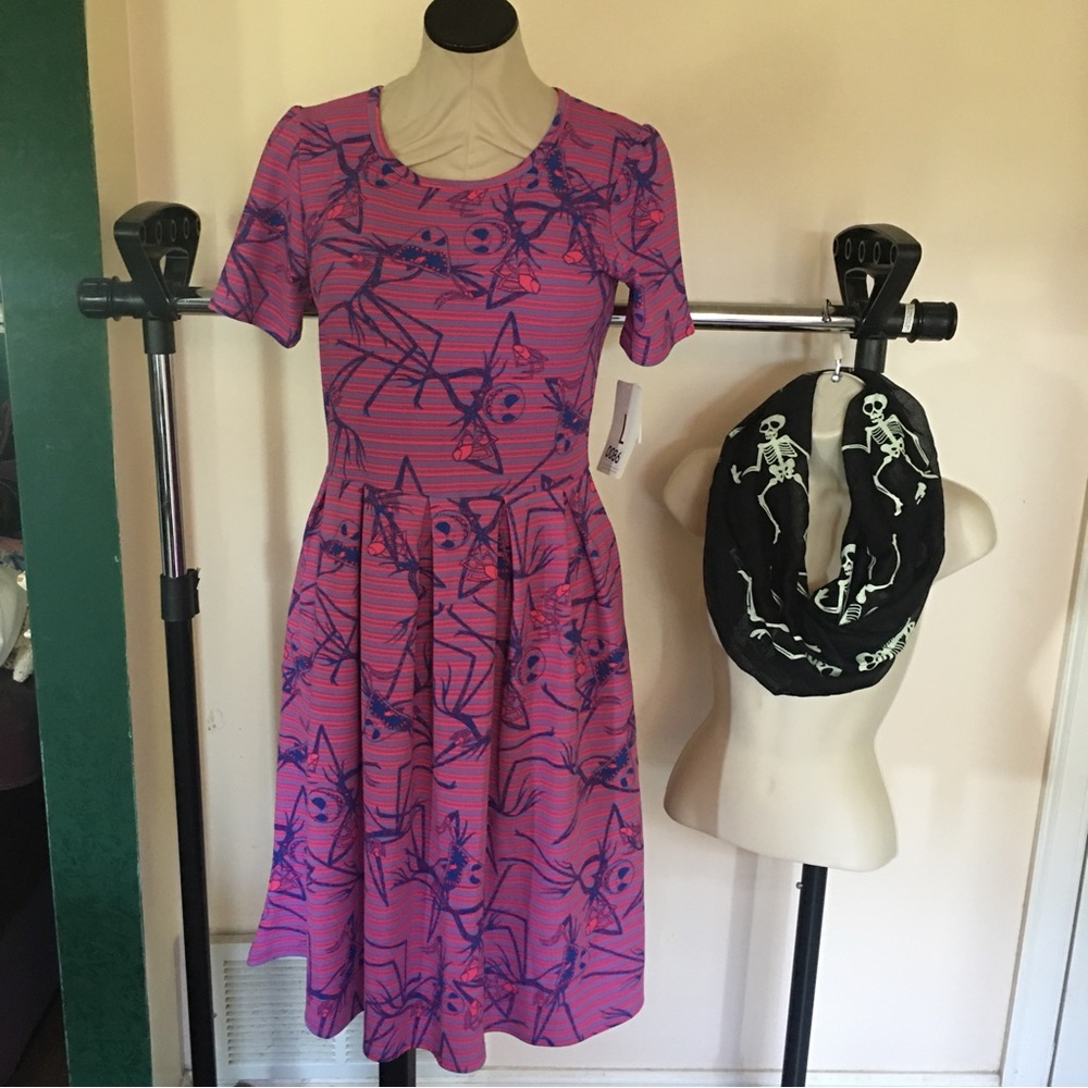 NWT Lularoe Nightmare Before Christmas Amelia Dress + FREE NWT Infinity Scarf